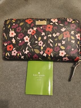kate spade Black Floral Zip Around Wallet with Pink & Red Blooms